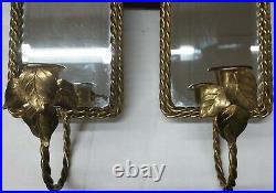 Vtg Pair Solid Brass Wall Sconces Candle Stick Holder Roped Frame Mirror Leaves