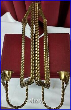 Vtg Pair Solid Brass Wall Sconces Candle Stick Holder Roped Frame Mirror Leaves