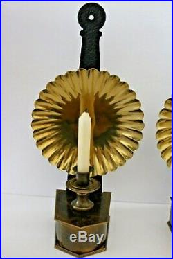 Vtg Pair Tell City Colonial Candle Holder Reflector Wall Sconces Brass & Iron