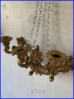 Vtg Pair of Gold 3 Arm Candle Wall Sconces Hollywood Regency CrystalPrism Chain