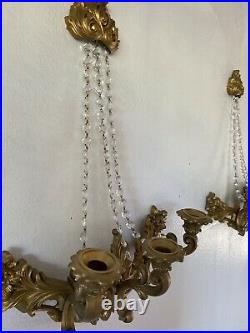 Vtg Pair of Gold 3 Arm Candle Wall Sconces Hollywood Regency CrystalPrism Chain