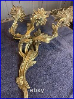 Vtg Pr. French Rococo Style 3 Light Solid Brass Wall Sconces Hollywood Regency