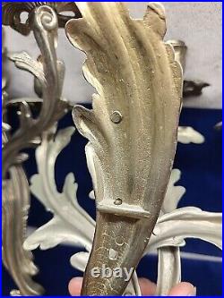 Vtg Rococo Louis-XV Regency 3-Arm Brass Acanthus Pair Wall Sconces