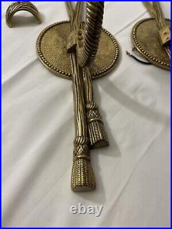Vtg Rope & Tassel Brass Wall Candle Light Electric Sconce Regency Pair