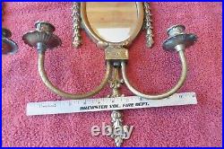 Vtg Solid Brass Wall Sconce Double Candle Stick Holder frames with Mirror 24