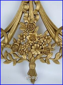 Vtg Syroco 6 Arm Wall Candle Holder Gold Sconce Flowers Ribbon Bow 1970 LARGE
