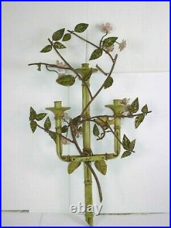 Vtg TOLEWARE Metal FLOWER SCONCE Wall hanging pillar Candle Holder wrought iron
