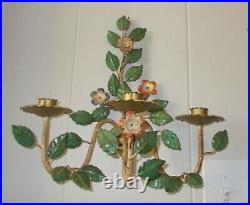 Vtg TOLEWARE Painted Metal FLOWER SCONCE Wall Candle Holder ITALY GARDEN ART