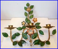 Vtg TOLEWARE Painted Metal FLOWER SCONCE Wall Candle Holder ITALY GARDEN ART