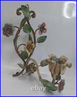 Vtg TOLE PAIR PAINTED METAL WALL SCONCES FLOWER CANDLEHOLDERS Floral Italian
