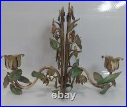 Vtg TOLE PAIR PAINTED METAL WALL SCONCES FLOWER CANDLEHOLDERS Floral Italian