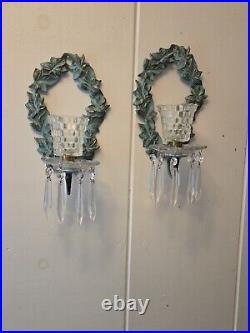 Vtg Vine Brass Patina Wall Sconce Candle Holders With Crystal Prisms Pair 13