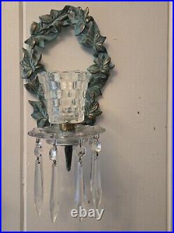 Vtg Vine Brass Patina Wall Sconce Candle Holders With Crystal Prisms Pair 13