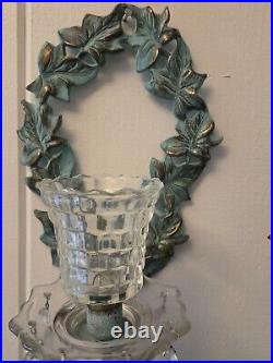 Vtg Vine Brass Patina Wall Sconce Candle Holders With Crystal Prisms Pair 13