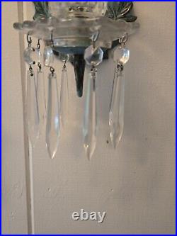 Vtg Vine Brass Patina Wall Sconce Candle Holders With Crystal Prisms Pair 13