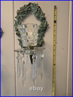 Vtg Vine Brass Patina Wall Sconce Candle Holders With Crystal Prisms Pair 13