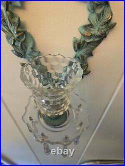 Vtg Vine Brass Patina Wall Sconce Candle Holders With Crystal Prisms Pair 13