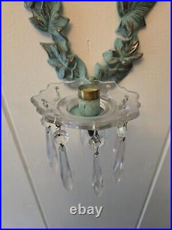 Vtg Vine Brass Patina Wall Sconce Candle Holders With Crystal Prisms Pair 13