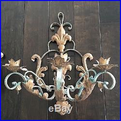Vtg Wall Sconces Candle Holders 2 French Tole Wrought Iron Metal Gilt/teal 3-arm