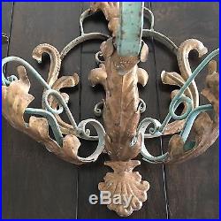 Vtg Wall Sconces Candle Holders 2 French Tole Wrought Iron Metal Gilt/teal 3-arm