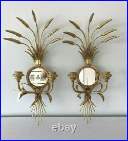 Vtg pair Hollywood Regency Italy Gold Wheat Wall Candle Holder Sconces 24