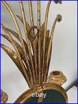 Vtg pair Hollywood Regency Italy Gold Wheat Wall Candle Holder Sconces 24