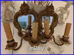 Vtg pr basket shabby Mirrored Wall Sconces floral light fixture Brass candelabra