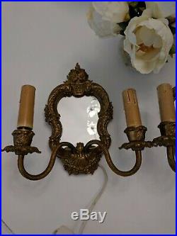 Vtg pr basket shabby Mirrored Wall Sconces floral light fixture Brass candelabra