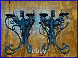 WINGED DRAGON Iron Wall Sconces Pair Gothic Medieval Pillar Candle Holders EUC