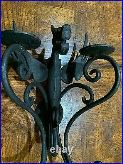 WINGED DRAGON Iron Wall Sconces Pair Gothic Medieval Pillar Candle Holders EUC