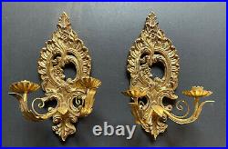 WOW! PAIR Vintage Double Candelabras GOLD WOOD Metal Hollywood Regency Wall RARE