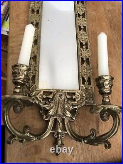 Wall Mirror with 2 candle holders Antique Brass Vintage Old Heavy R. Fine & Sons