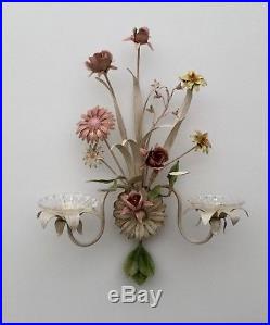 Wall Sconce Hand Made Painted Steel & Glass Floral Bouquet Candle Holder Decor