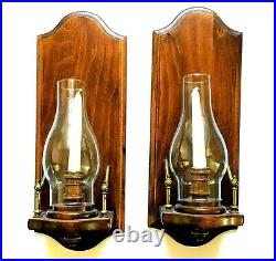 Wood Brass Hurricane Lantern Wall Candle Sconce Pair Cornwall Products USA Vtg