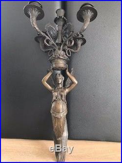 XL Bronze Figure Historicism Sculpture Wall Candle Holder 5 Flammig Vintage