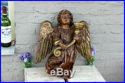 XL Church French 1880 Wood carved polychrome religious wall angel candle holder
