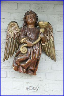 XL Church French 1880 Wood carved polychrome religious wall angel candle holder